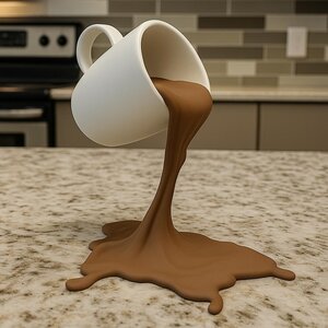 Schwebende, überlaufende Kaffeetasse | 3D-gedruckte Illusion