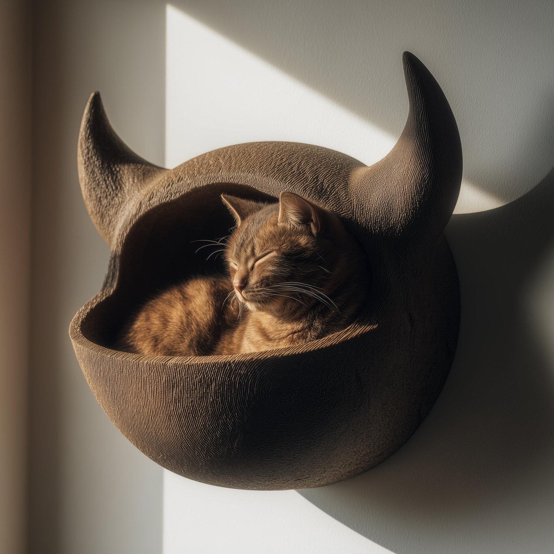 3D-gedrucktes Katzen-Wandregalbett mit Hörnern