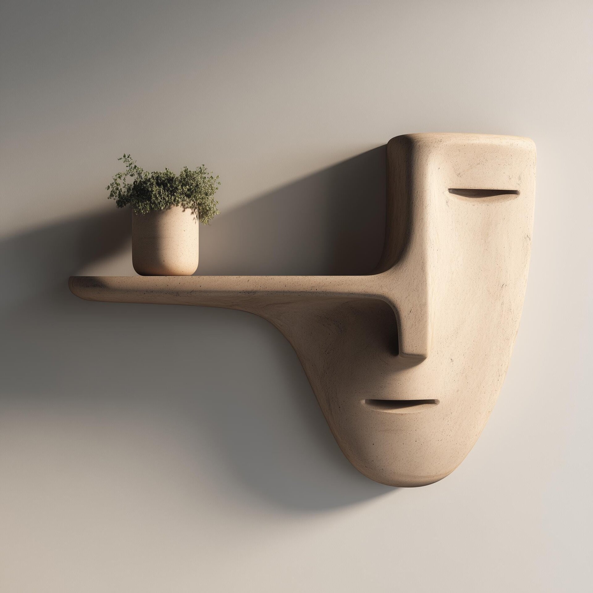 3D-gedrucktes Wandregal mit surrealem Langnasengesicht