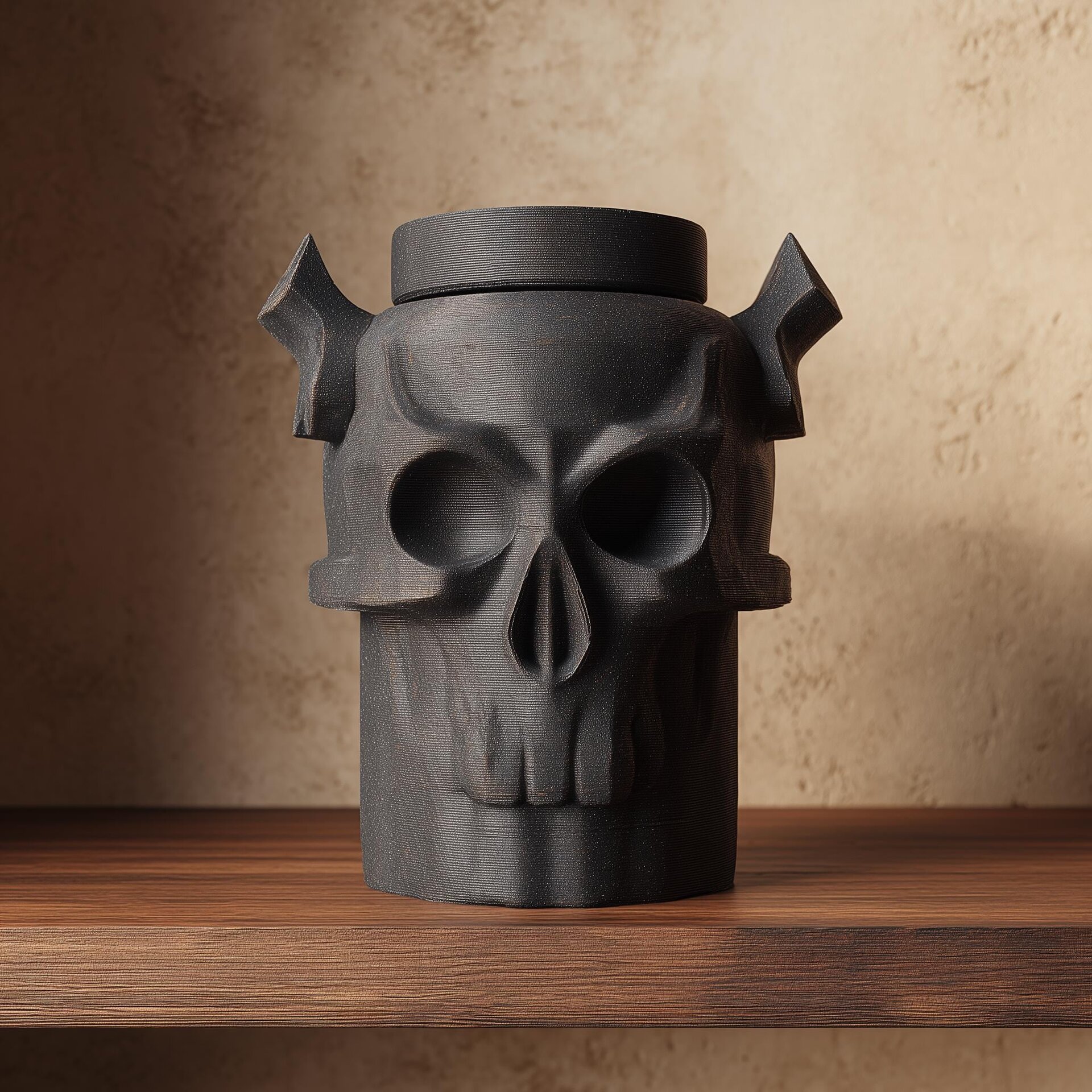 3D-gedruckte Gothic-Totenkopf-Haustier-Gedenkurne | Gehörntes Erinnerungsstück