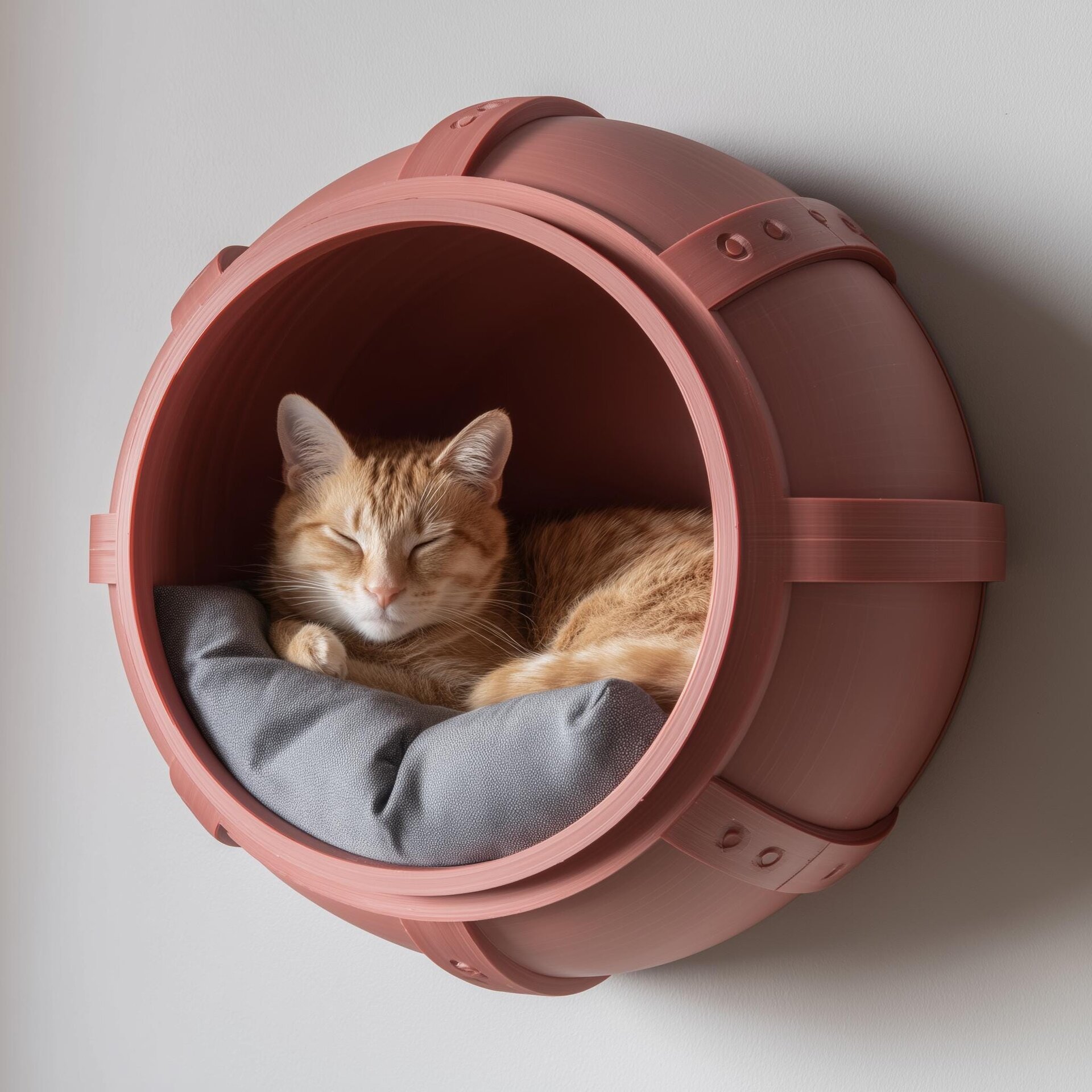 3D-gedrucktes Fass-Wandbett für Katzen | Schwebende Katzenhöhle