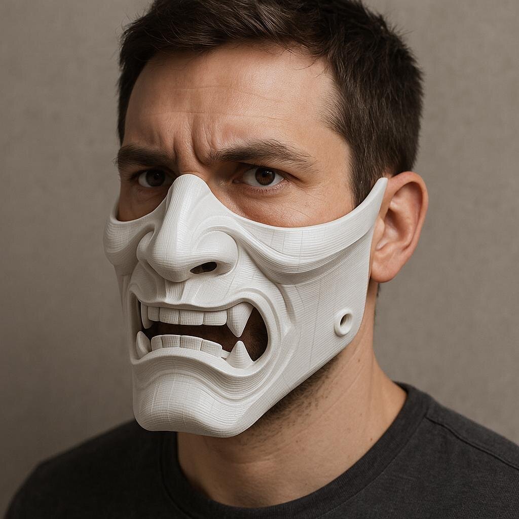 3D-gedruckte weiße Oni-Samurai-Halbmaske
